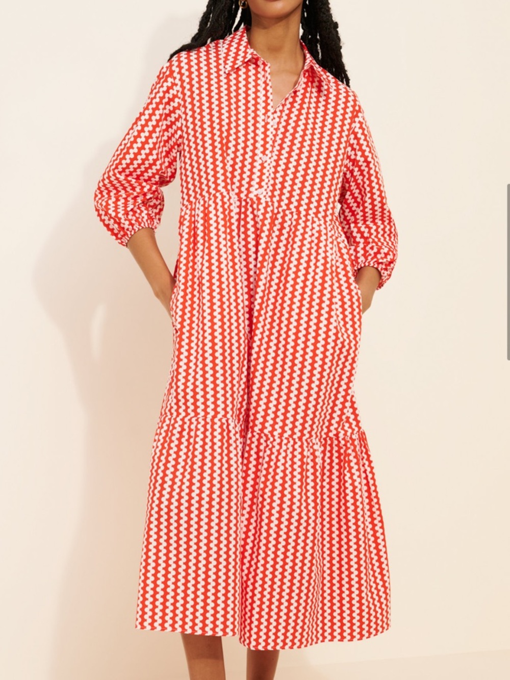 Anthro Maeve Bettina Tiered Midi Shirt Dress 2X Tomato Red Print
